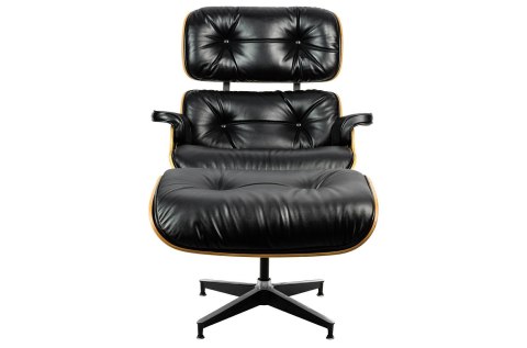 Fotel LOUNGE HM SOFT PREMIUM SZEROKI z podnóżkiem czarny - sklejka orzech, skóra naturalna