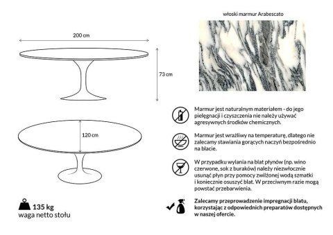 Stół TULIP ELLIPSE MARBLE ARABESCATO 200 biały - marmur, metal