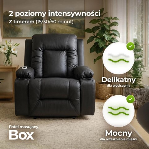 Fotel Masujący BOX Rozkładany Wypoczynkowy z Podnóżkiem Czarny Ekoskóra Nowoczesny