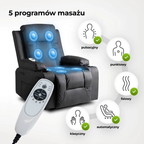 Fotel Masujący BOX Rozkładany Wypoczynkowy z Podnóżkiem Czarny Ekoskóra Nowoczesny