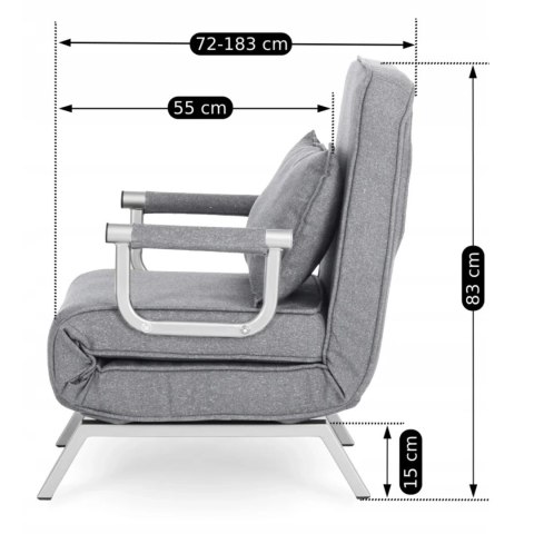 Fotel Rozkładany BART Wypoczynkowy Szary do Spania Leżanka Nowoczesny