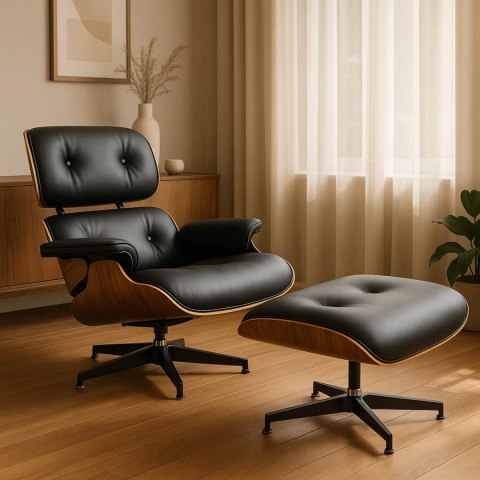 Fotel Wypoczynkowy PALERMO z Podnóżkiem z Drewna Giętego Czarny Ekoskóra Nowoczesny Loft