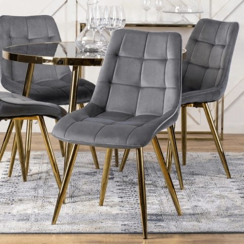 Krzesło Tapicerowane do Salonu CARO Szare Welurowe ze Złotymi Nogami Nowoczesne Glamour