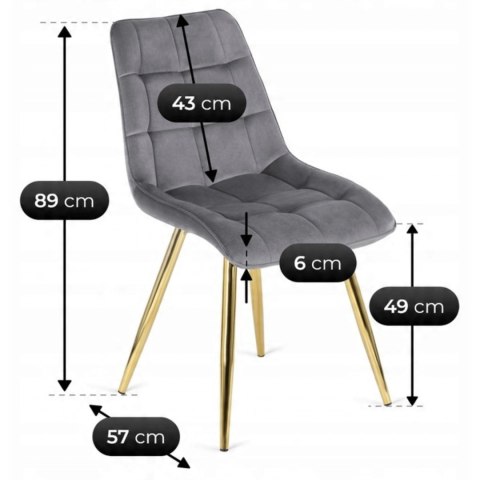 Krzesło Tapicerowane do Salonu CARO Szare Welurowe ze Złotymi Nogami Nowoczesne Glamour