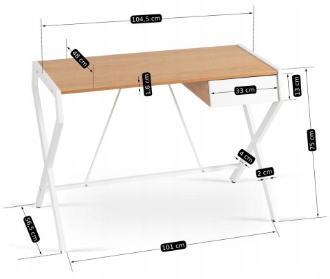 Biurko w Stylu Skandynawskim z Szufladą MEG 104 cm Dąb złoty/Biały do Gabinetu