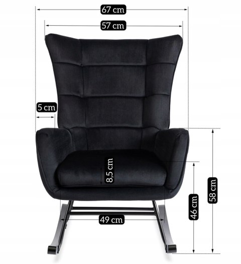Fotel Bujany na Biegunach Uszak Wypoczynkowy JACKSON Czarny Welurowy do Salonu Nowoczesny