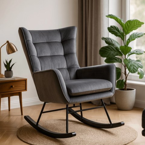 Fotel Bujany na Biegunach Uszak Wypoczynkowy JACKSON Szary Welurowy do Salonu Nowoczesny
