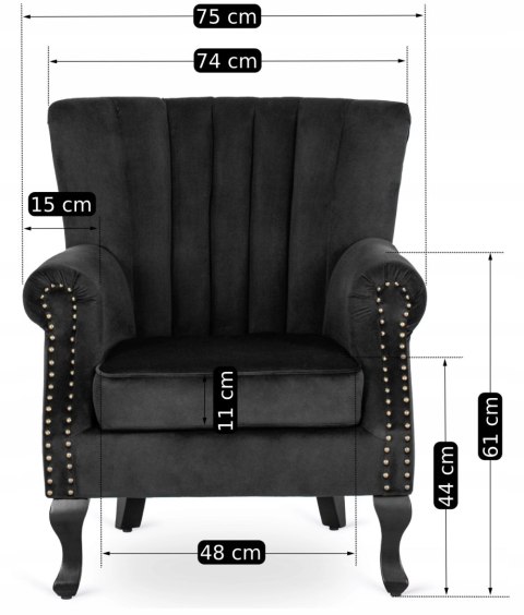 Fotel Uszak Wypoczynkowy MALLO Czarny Welurowy Nowoczesny Glamour