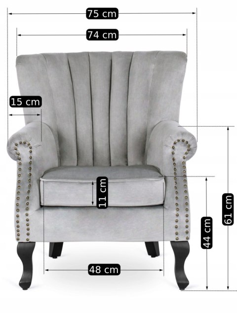 Fotel Uszak Wypoczynkowy MALLO Szary Welurowy Nowoczesny Glamour