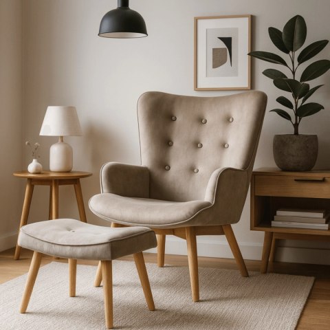 Fotel Wypoczynkowy LOZANO z Podnóżkiem Beżowy Welurowy