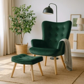 Fotel Wypoczynkowy LOZANO z Podnóżkiem Zielony Welurowy