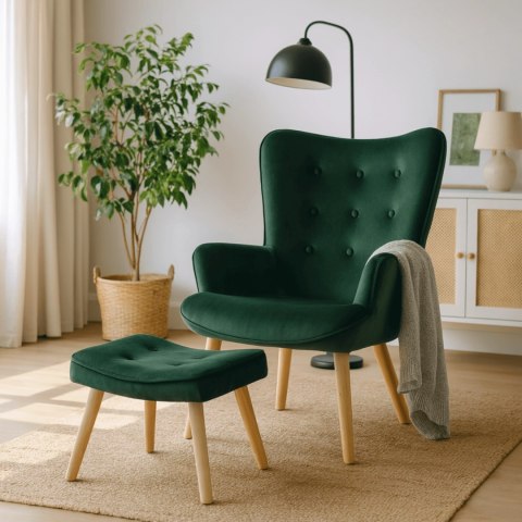 Fotel Wypoczynkowy LOZANO z Podnóżkiem Zielony Welurowy