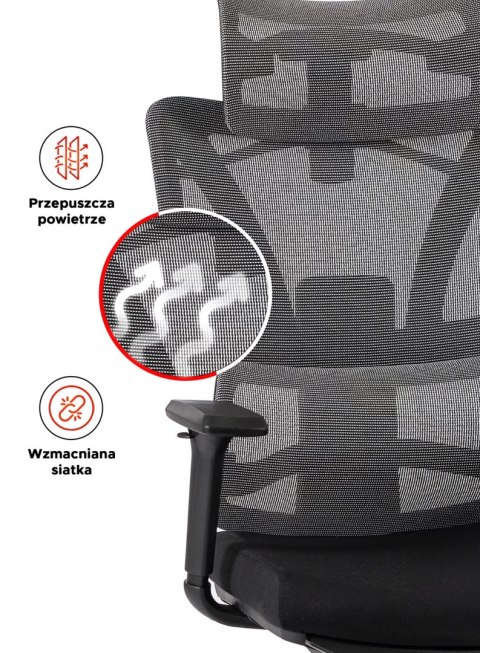 Fotel Obrotowy DELSIN Ergonomiczny Czarny Z Podnóżkiem