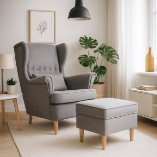 Fotel Wypoczynkowy Uszak EVAN 2 z Podnóżkiem Szary Tapicerowany Nowoczesny