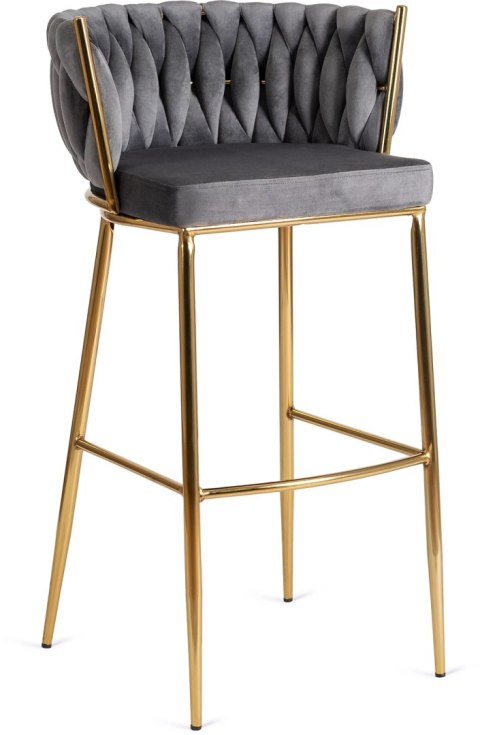 Krzesło Barowe Tapicerowane Plecione Hoker FLORES 2 Szare Welurowe Nowoczesne Glamour