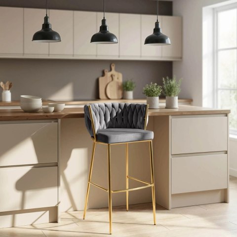 Krzesło Barowe Tapicerowane Plecione Hoker FLORES 2 Szare Welurowe Nowoczesne Glamour