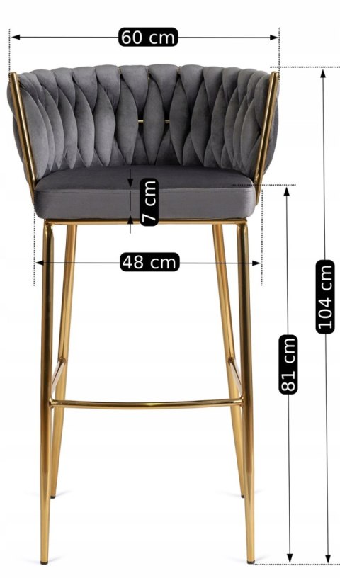 Krzesło Barowe Tapicerowane Plecione Hoker FLORES 2 Szare Welurowe Nowoczesne Glamour