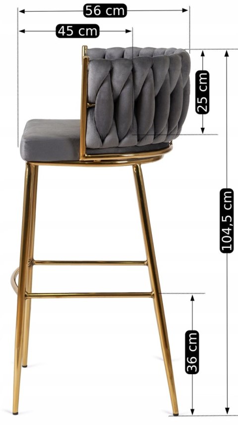 Krzesło Barowe Tapicerowane Plecione Hoker FLORES 2 Szare Welurowe Nowoczesne Glamour