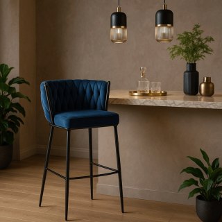 Krzesło Barowe Tapicerowane Plecione Hoker FLORES Granatowe Welurowe Nowoczesne Loft