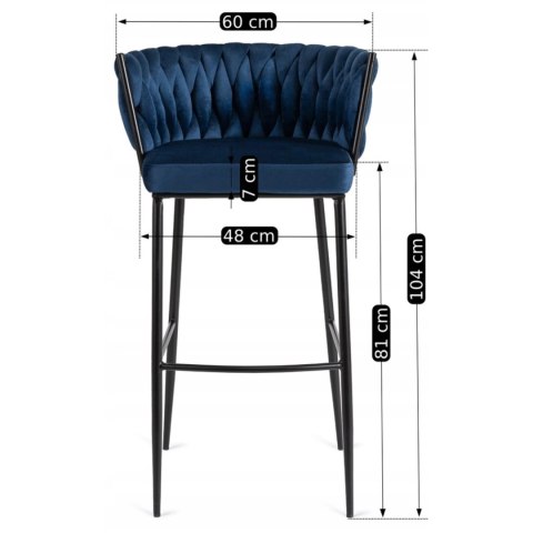 Krzesło Barowe Tapicerowane Plecione Hoker FLORES Granatowe Welurowe Nowoczesne Loft