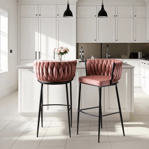 Krzesło Barowe Tapicerowane Plecione Hoker FLORES Różowe Welurowe Nowoczesne Loft