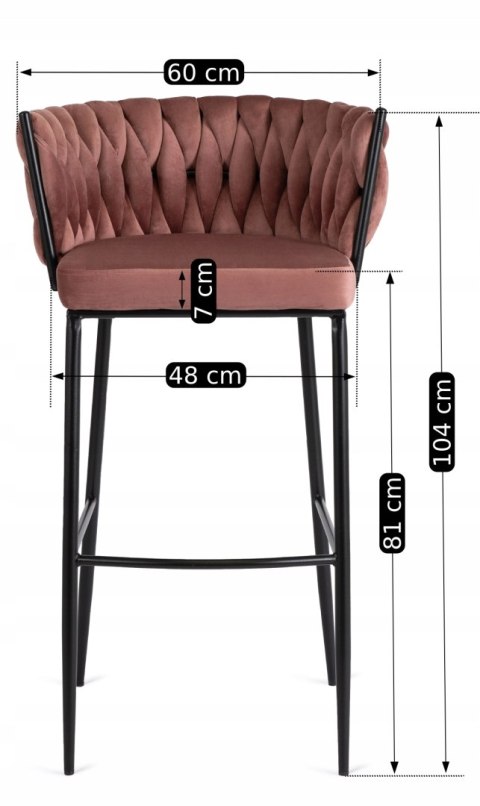 Krzesło Barowe Tapicerowane Plecione Hoker FLORES Różowe Welurowe Nowoczesne Loft