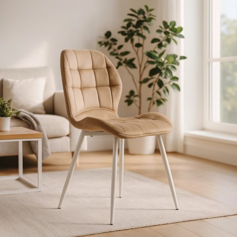 Krzesło LUCKY Beżowe z Białymi Nogami Welurowe