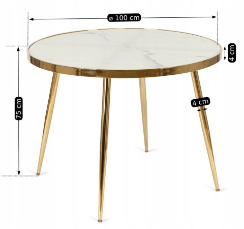 Stół TINGA 100 cm Szklany Biały Marmur/Złoty