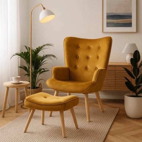 Fotel Wypoczynkowy LOZANO z Podnóżkiem Musztardowy Welurowy