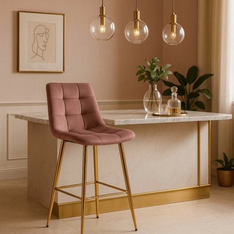 Krzesło Barowe Tapicerowane Hoker ARIEL Różowe Welurowe Nowoczesne Glamour