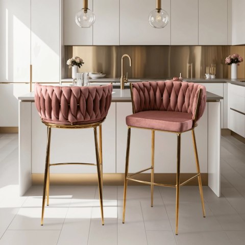 Krzesło Barowe Tapicerowane Plecione Hoker FLORES 2 Różowe Welurowe Nowoczesne Loft