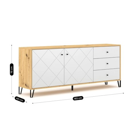 Komoda Dwudrzwiowa z Szufladami BACARDI 183 cm Dąb Artisan/Biały Nowoczesna