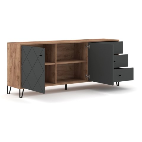 Komoda Dwudrzwiowa z Szufladami BACARDI 183 cm Dąb Craft Tobacco/Grafit Nowoczesna