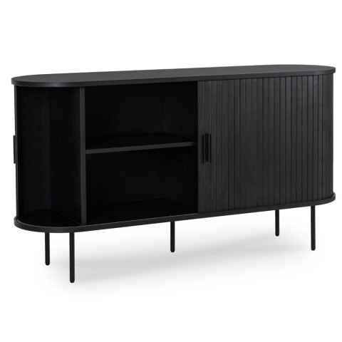 Komoda do Salonu Rozsuwana TRISH 140 cm Czarna Dwudrzwiowa Ryflowana Nowoczesna