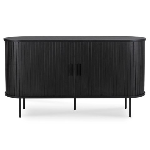 Komoda do Salonu Rozsuwana TRISH 140 cm Czarna Dwudrzwiowa Ryflowana Nowoczesna