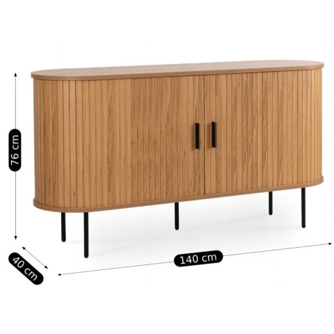 Komoda do Salonu Rozsuwana TRISH 140 cm Dąb Dwudrzwiowa Ryflowana Nowoczesna