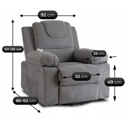 Fotel Masujący Elektrycznie Rozkładany FENIX z Funkcją Wstawania Szary