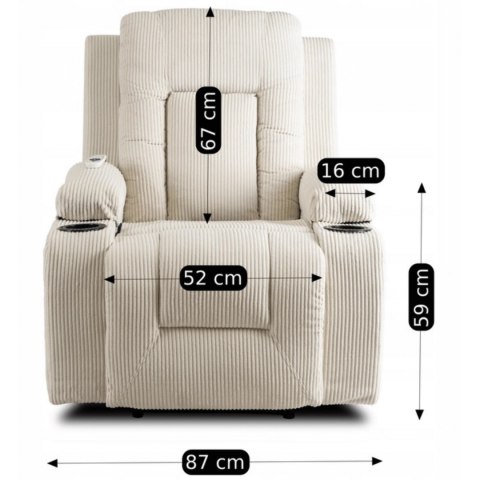 Fotel Masujący BOX Rozkładany Wypoczynkowy z Podnóżkiem Beżowy Sztruksowy Nowoczesny