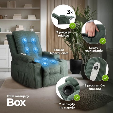 Fotel Rozkładany Masujący BOX Zielony Sztruksowy
