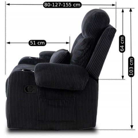 Fotel Rozkładany z Podnóżkiem TORRES Czarny Sztruksowy Nowoczesny
