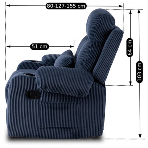Fotel Rozkładany z Podnóżkiem TORRES Granatowy Sztruksowy Nowoczesny