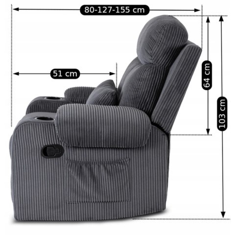 Fotel Rozkładany z Podnóżkiem TORRES Szary Sztruksowy Nowoczesny