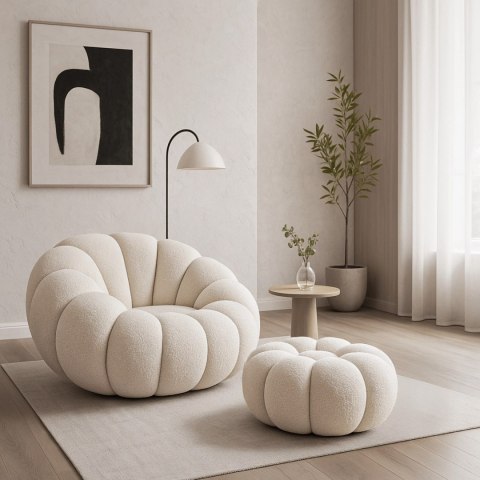 Fotel Wypoczynkowy Obrotowy PETTIT z Pufą Kremowy Boucle