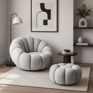 Fotel Wypoczynkowy Obrotowy PETTIT z Pufą Szary Boucle