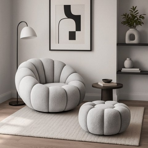 Fotel Wypoczynkowy Obrotowy PETTIT z Pufą Szary Boucle