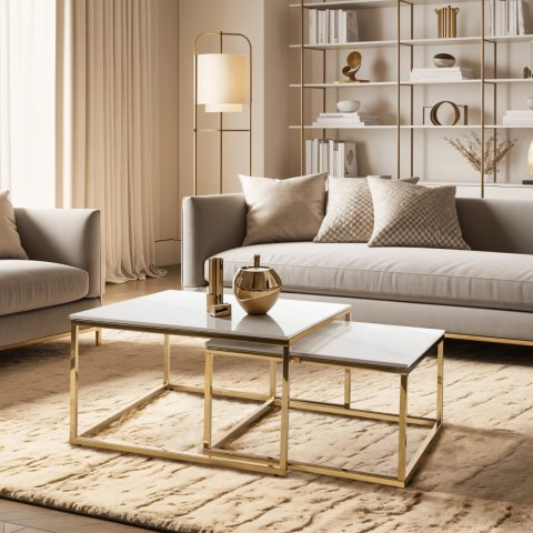 Zestaw Stolików Ceramicznych TENOR Biały Marmur/ Złoty