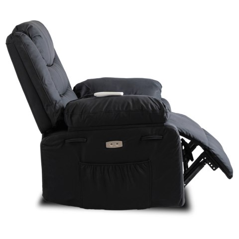 Fotel Masujący JASPER Elektryczny Rozkładany z Podnóżkiem Czarny Ekoskóra Nowoczesny