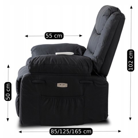Fotel Masujący JASPER Elektryczny Rozkładany z Podnóżkiem Czarny Ekoskóra Nowoczesny