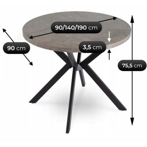 Stół LUGO Rozkładany 90-190 cm Beton/Czarny