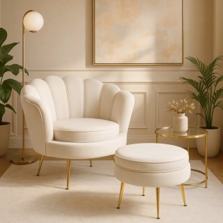 Fotel GRAND z Podnóżkiem Kremowy Welurowy